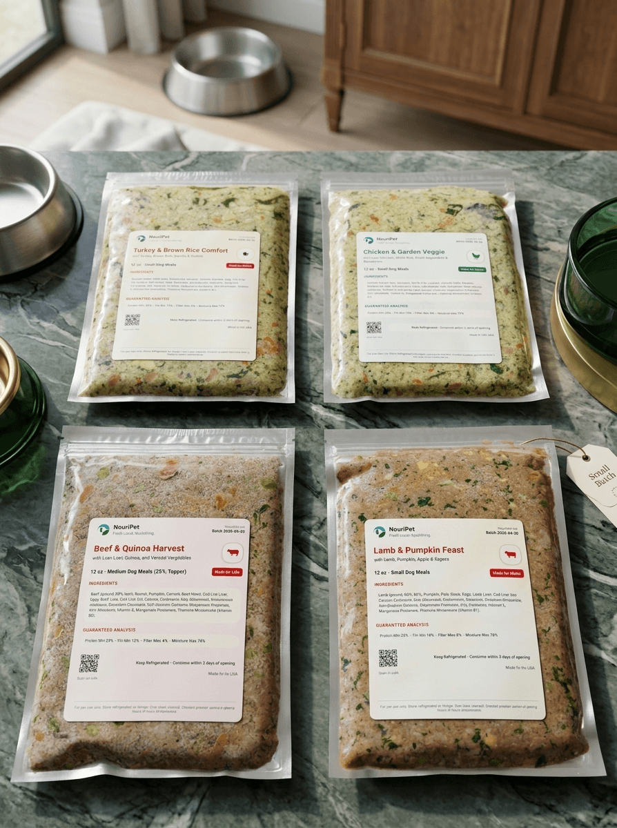 NouriPet meal lineup — Beef, Chicken, Lamb, and Turkey pouches