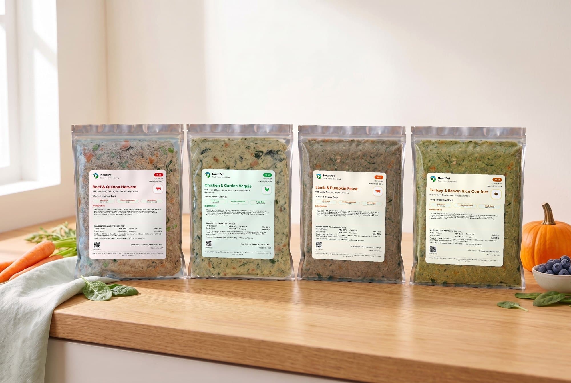 NouriPet's four recipes — Beef, Chicken, Lamb and Turkey packs