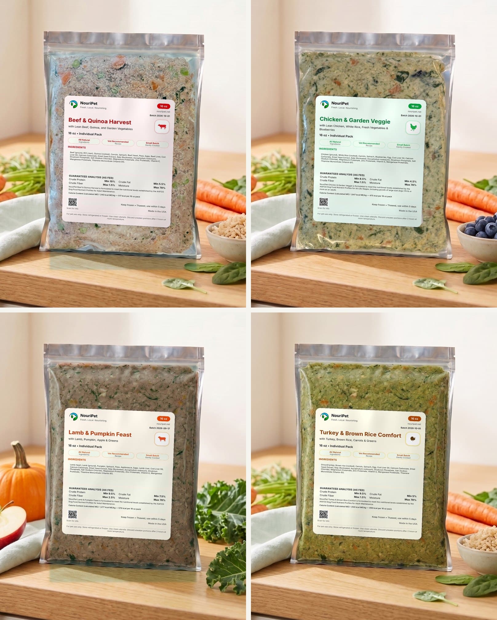 NouriPet's four recipes — Beef, Chicken, Lamb and Turkey packs
